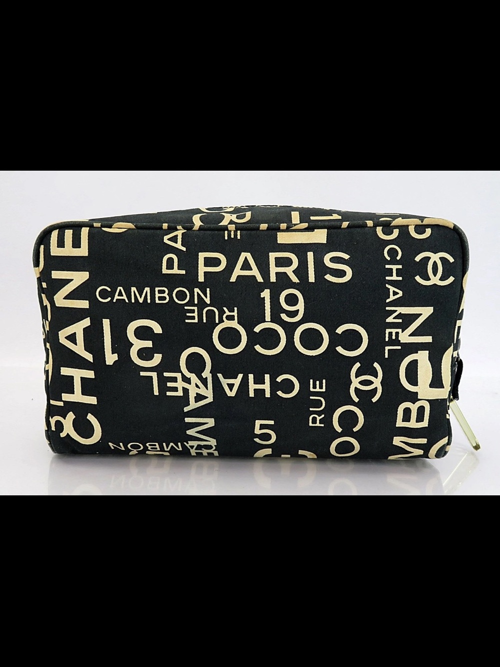 CHANEL Black Canvas Logo Print Cosmetic Pouch with Cream Lettering